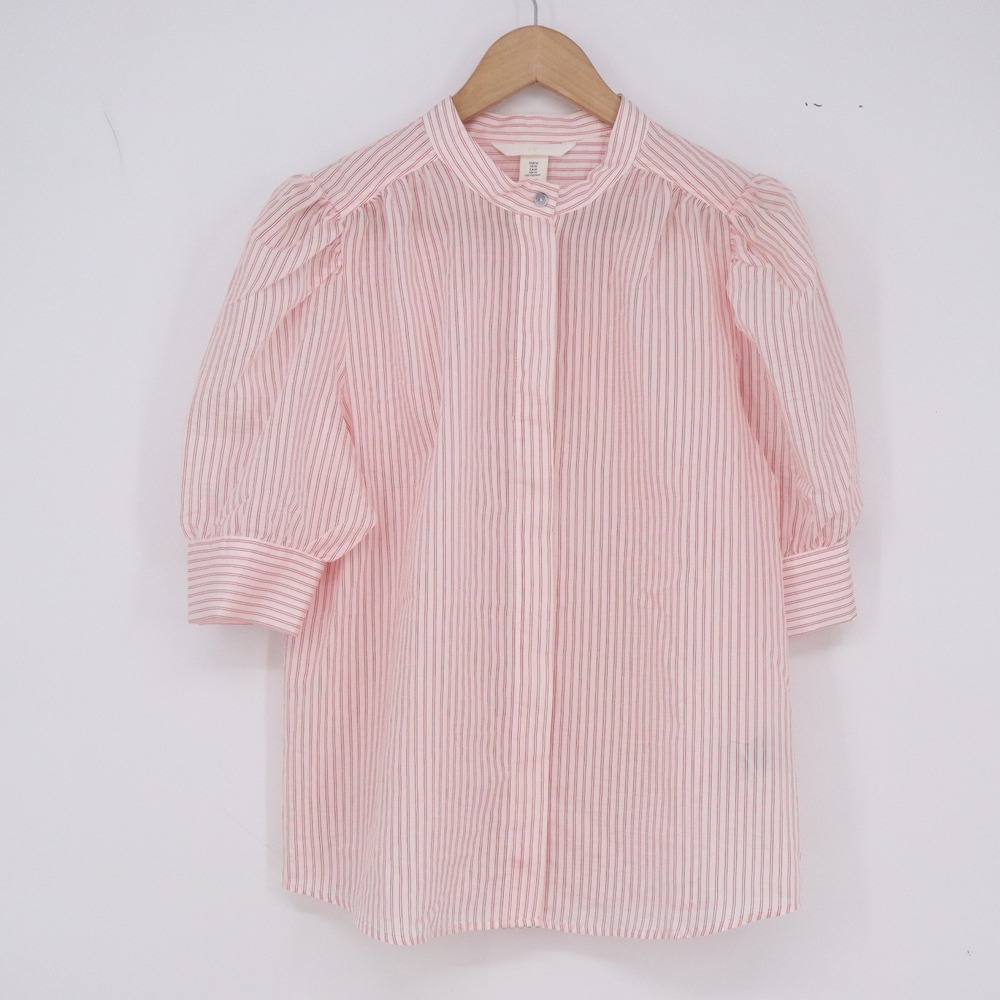 H&M Blouse Womens M Band Collar Pink Pinstripe Puff Sleeve Button-Down Excellent
